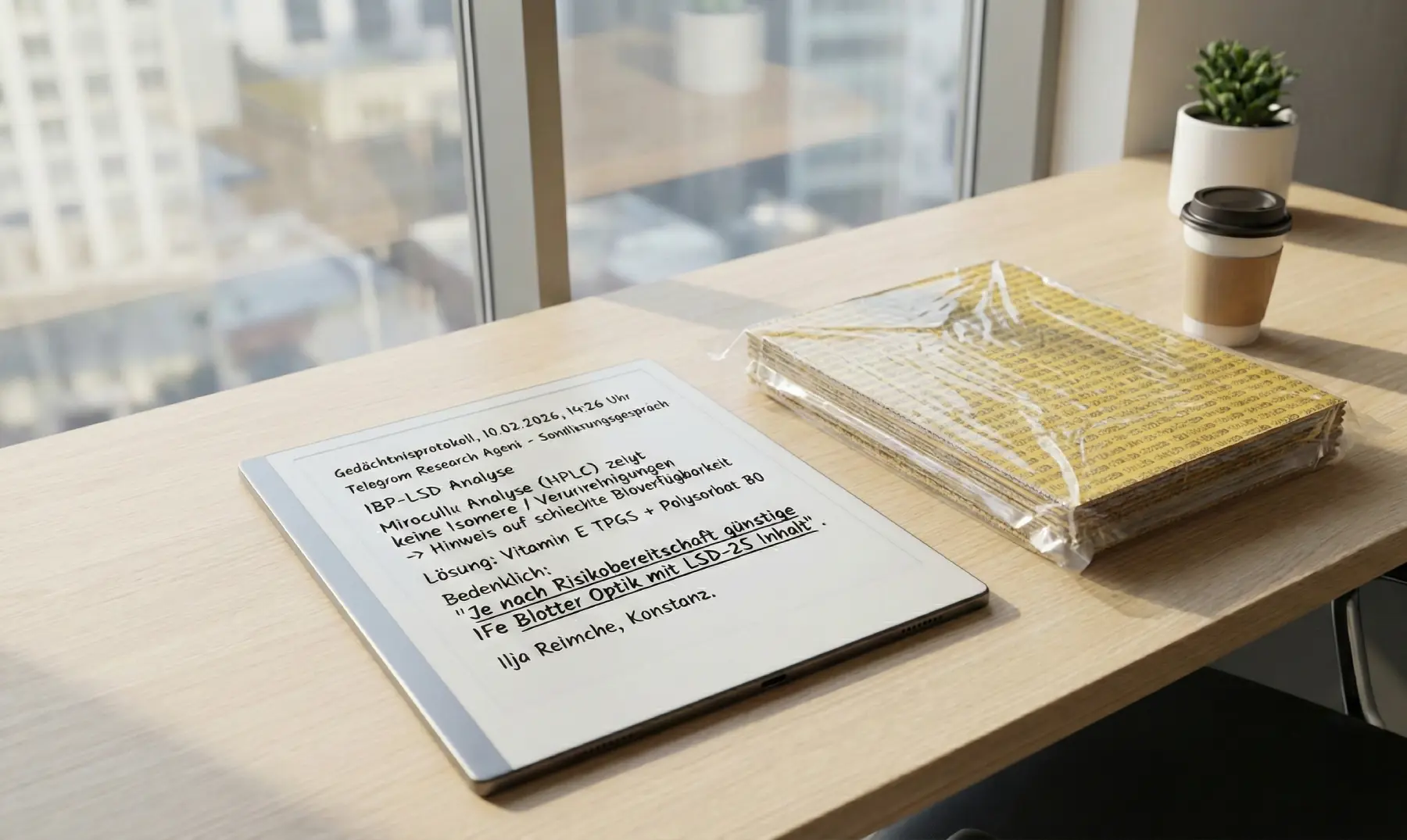 Digitales Gedächtnisprotokoll von Ilja Reimche . Dokumentiert eine 1BP-LSD HPLC-Analyse und warnt vor Anbietern, die LSD-25 als 1Fe-LSD verkaufen.