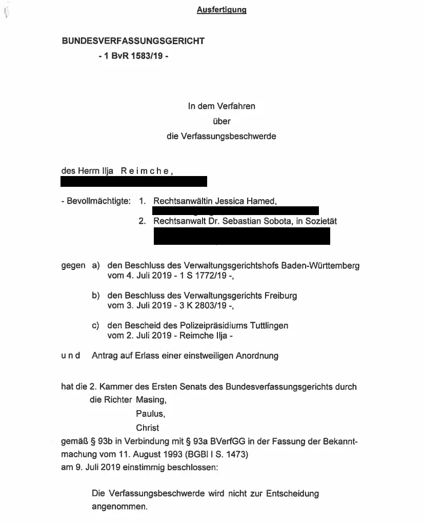 Offizieller Beschluss des Bundesverfassungsgerichts (Seite 2) zur Nichtannahme der Verfassungsbeschwerde von Ilja Reimche