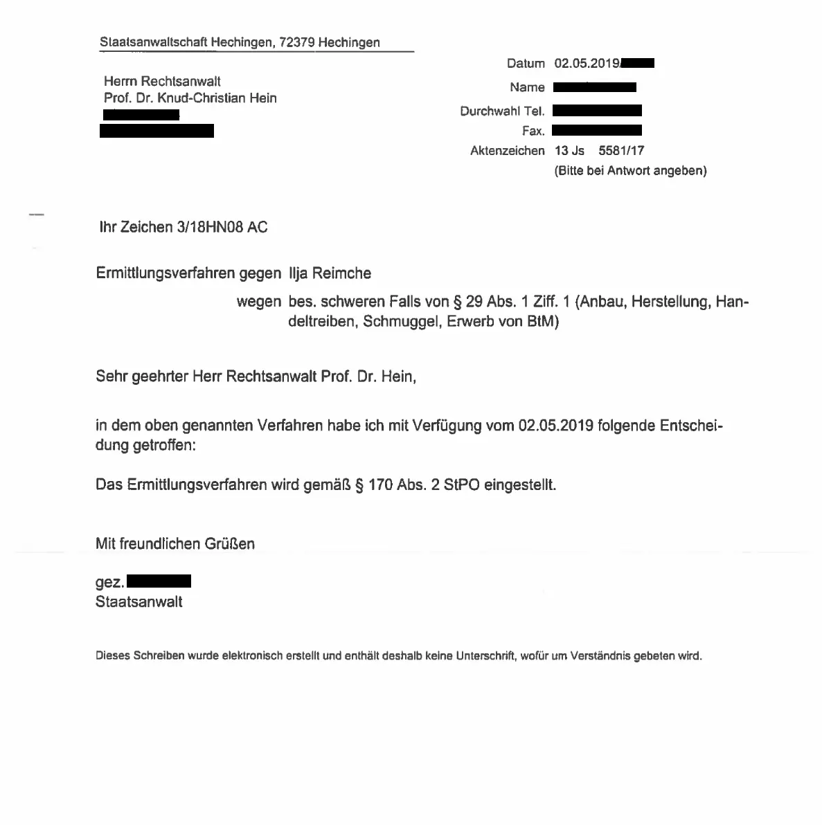 Offizieller Einstellungsbeschluss der Staatsanwaltschaft Hechingen nach § 170 Abs. 2 StPO gegen Ilja Reimche