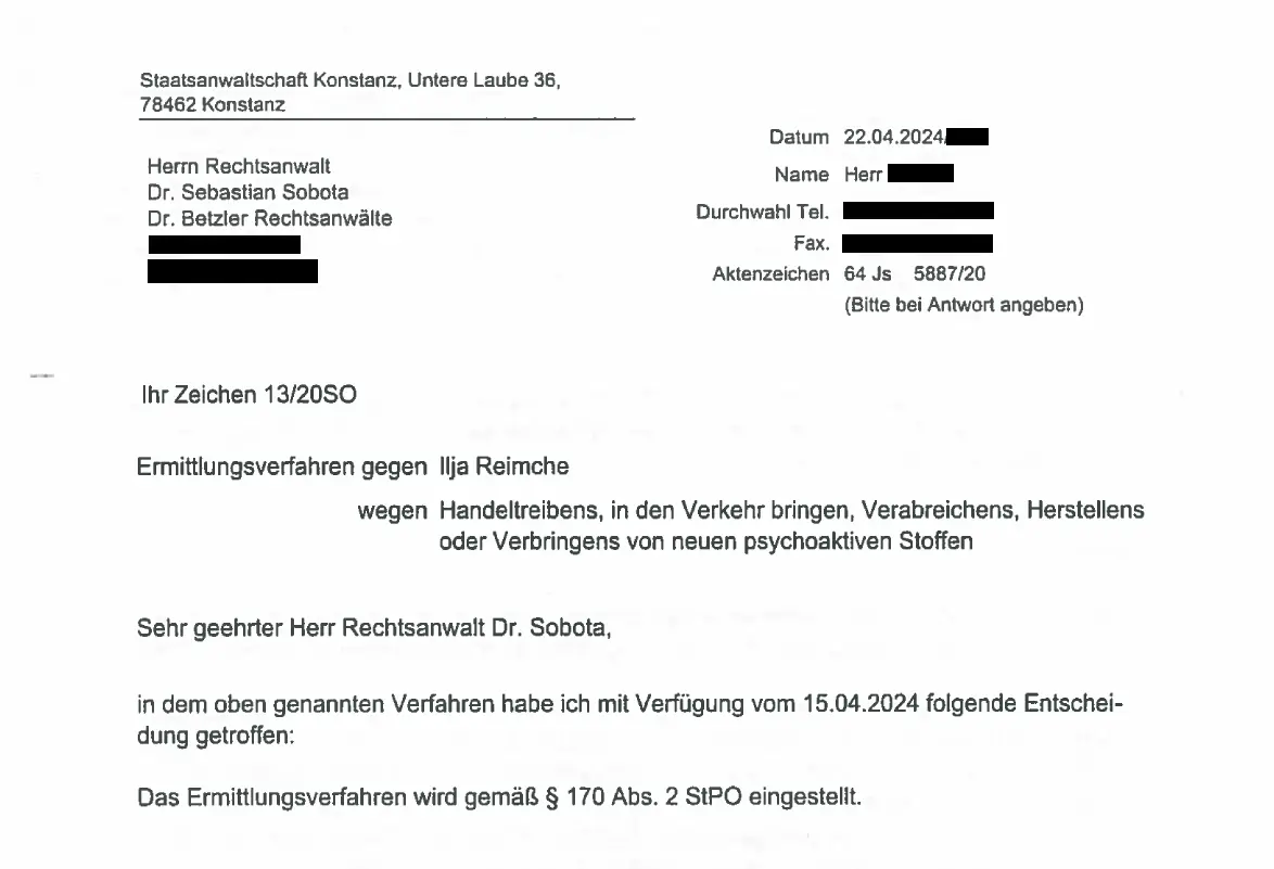 Offizielles Schreiben der Staatsanwaltschaft Konstanz (Az. 64 Js 5887/20) an die Verteidigung. Mitteilung ueber die Einstellung des Ermittlungsverfahrens gegen Ilja Reimche nach Paragraf 170 Abs 2 StPO.
