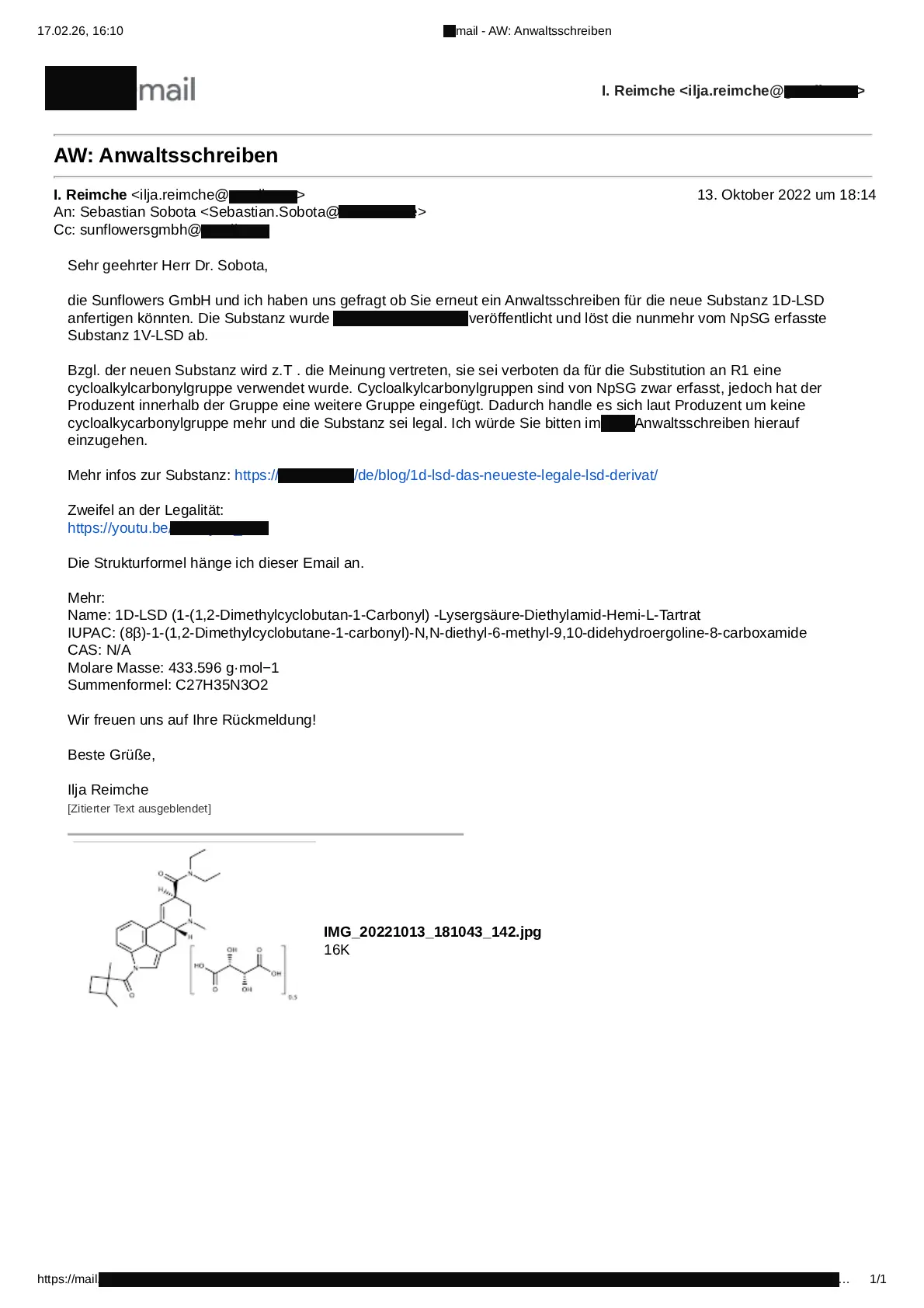 Original E-Mail: Ilja Reimche beauftragt RA Sobota mit NPSG Prüfung für 1D-LSD (Oktober 2022)