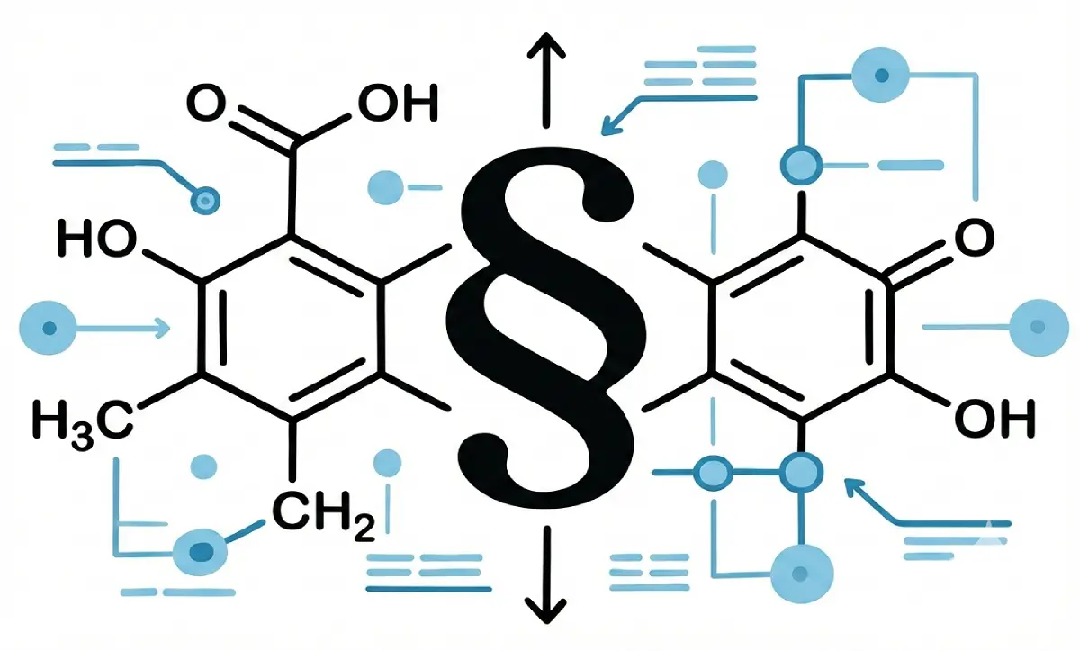 Der Chemical-Legal Nexus: Schnittstelle von Chemie und Recht im BASH-Report 2026. Grafische Darstellung der Schnittstelle zwischen chemischer Molekularstruktur und juristischer Gesetzgebung im Rahmen der NpSG Compliance.