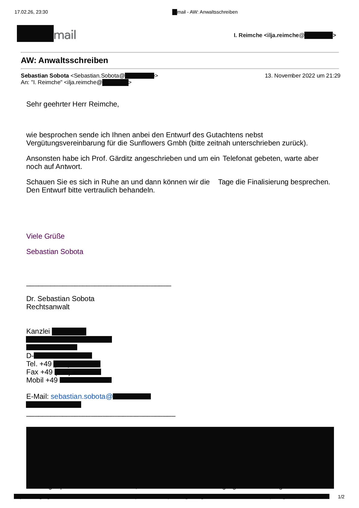 Email Beweis: Einholung Gutachten Prof. Gärditz durch Ilja Reimche Mandat